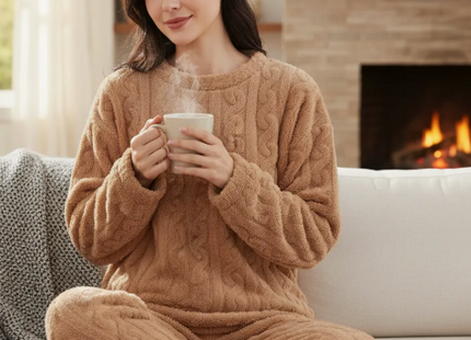 Conjunto Pijama Plush Lana Trenzado Invierno Mujer