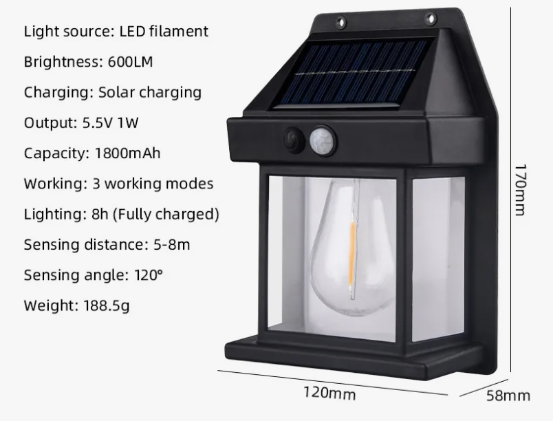 Lámpara De Pared Solar Para Exteriores Led Colonial Estructura Negro