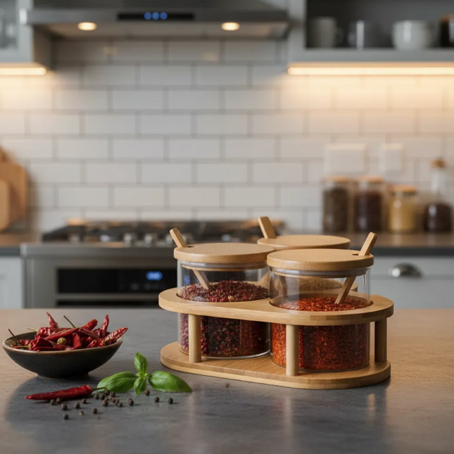 Set 3 Especieros Vidrio Y Bambú Con Base Y Cucharas Madera