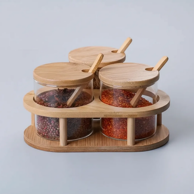 Set 3 Especieros Vidrio Y Bambú Con Base Y Cucharas Madera
