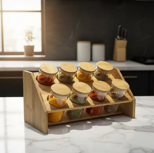 Set De 8 Especieros De Madera Y Vidrio Con Base
