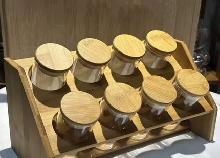 Set De 8 Especieros De Madera Y Vidrio Con Base