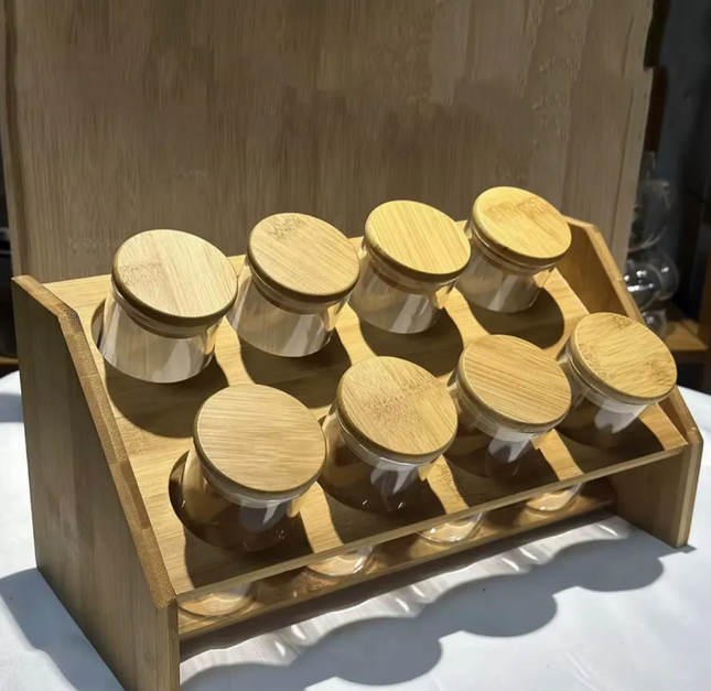 Set De 8 Especieros De Madera Y Vidrio Con Base
