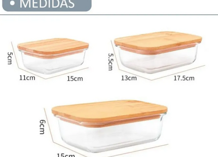 Set 3 Recipientes Herméticos Vidrio Tapa Bambú Rectangular