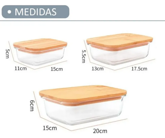 Set 3 Recipientes Herméticos Vidrio Tapa Bambú Rectangular