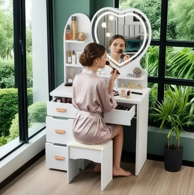 Tocador Con Espejo De Corazón Incluye Taburete Y Luz Led