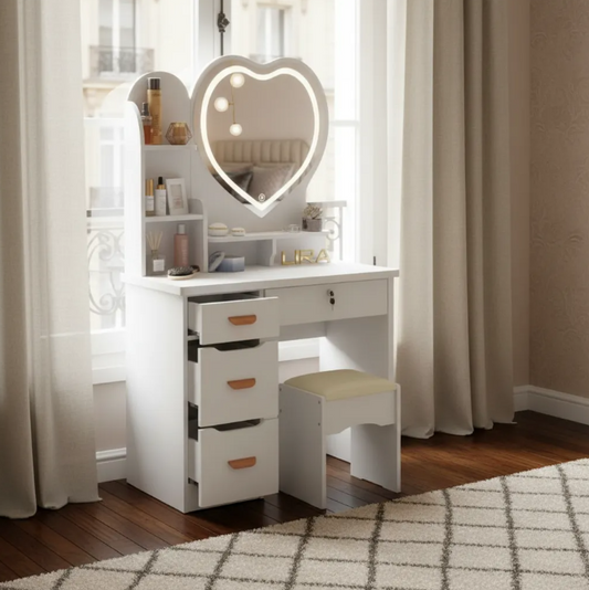 Tocador Con Espejo De Corazón Incluye Taburete Y Luz Led