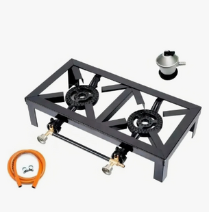 Estufa de Camping a Gas Portátil Doble Quemador + Regulador + Manguera