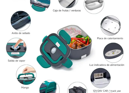 Lonchera Termica Eléctrica Portátil, 3 En 1 Fiambrera Eléctrica 1.5l, Calentador De Alimentos Con Cuchara Y Bolsa De Aislamiento
