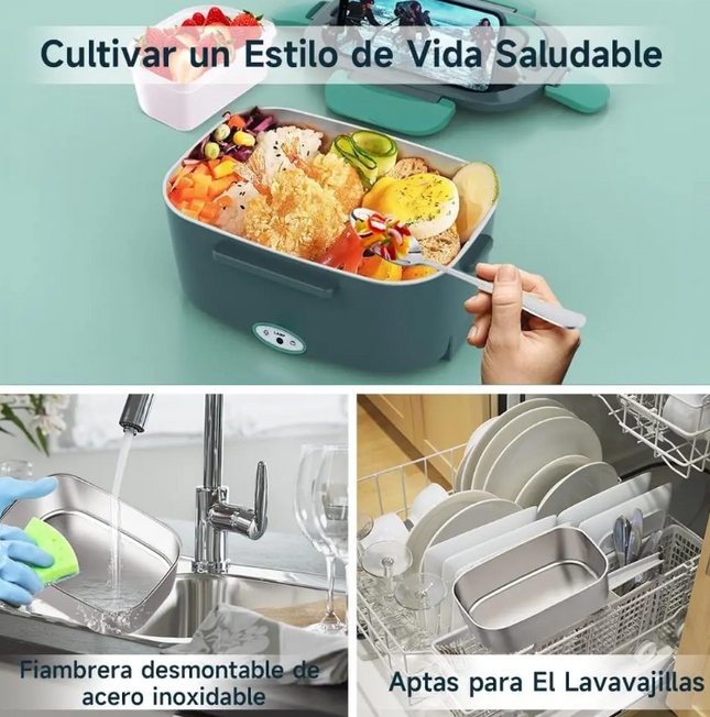 Lonchera Termica Eléctrica Portátil, 3 En 1 Fiambrera Eléctrica 1.5l, Calentador De Alimentos Con Cuchara Y Bolsa De Aislamiento