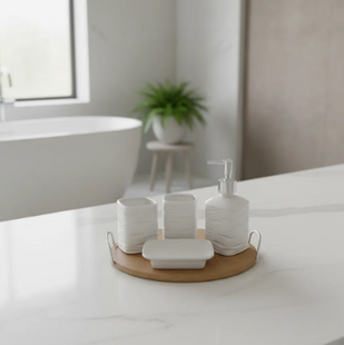 Juego De Accesorios De Baño 5 Piezas De Cerámica Y Madera