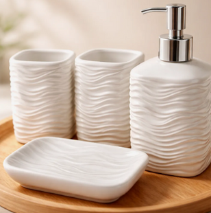 Juego De Accesorios De Baño 5 Piezas De Cerámica Y Madera