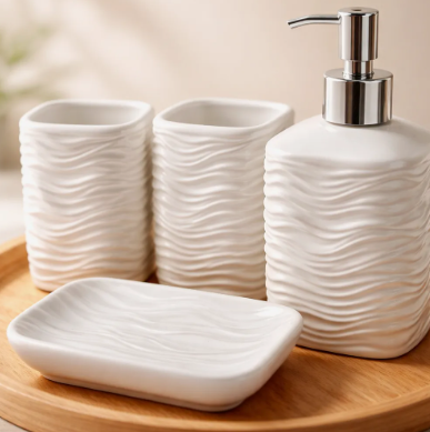 Juego De Accesorios De Baño 5 Piezas De Cerámica Y Madera