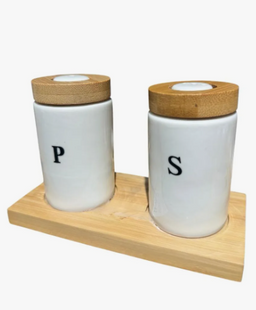 Set Salero Y Pimentero Cerámica Con Tapa Y Base De Bambú