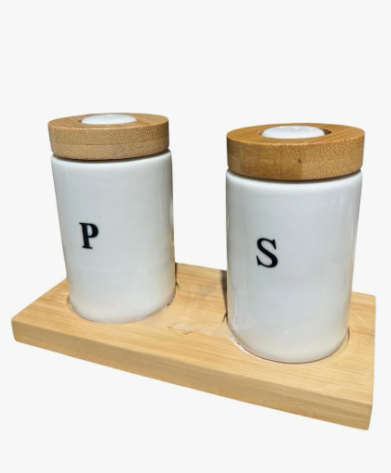 Set Salero Y Pimentero Cerámica Con Tapa Y Base De Bambú