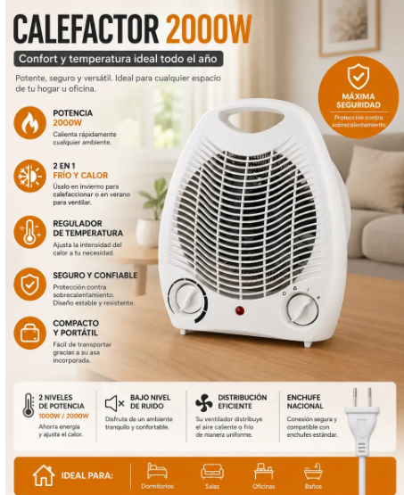Calefactor Eléctrico Portátil 2000w Frío Calor Con Regulador