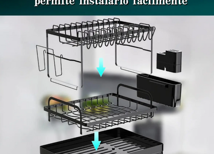 Secaplatos de mesa 2 niveles acero inoxidable negro con cubiertero y secavasos