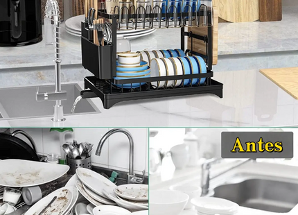 Secaplatos de mesa 2 niveles acero inoxidable negro con cubiertero y secavasos