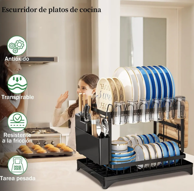 Secaplatos de mesa 2 niveles acero inoxidable negro con cubiertero y secavasos