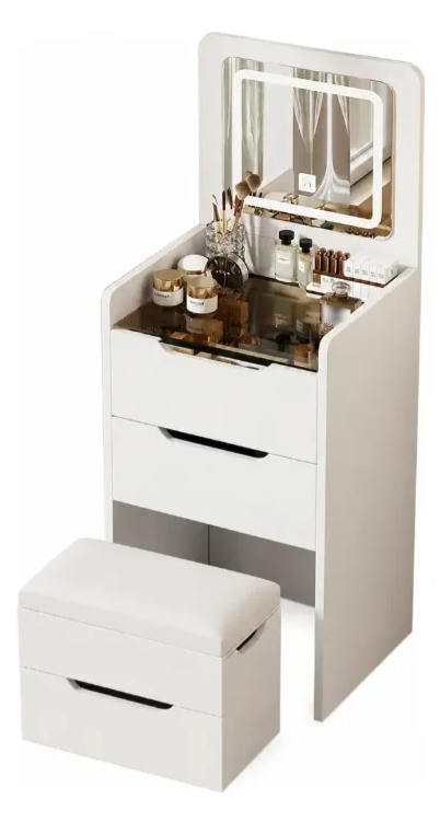 Tocador Velador Moderno Blanco Con Espejo, Luz Led Y Banca