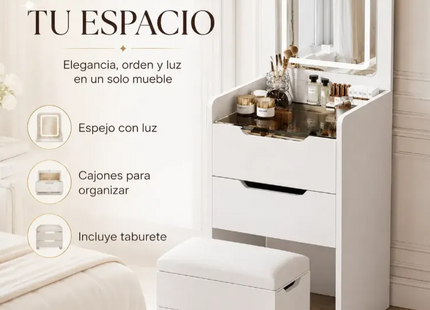 Tocador Velador Moderno Blanco Con Espejo, Luz Led Y Banca