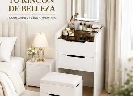 Tocador Velador Moderno Blanco Con Espejo, Luz Led Y Banca