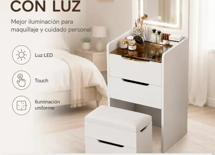 Tocador Velador Moderno Blanco Con Espejo, Luz Led Y Banca