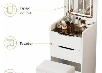 Tocador Velador Moderno Blanco Con Espejo, Luz Led Y Banca