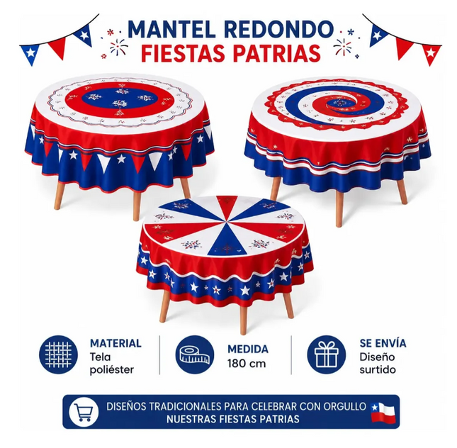 Mantel Redondo Fechas Patrias 180 Cm Viva Chile
