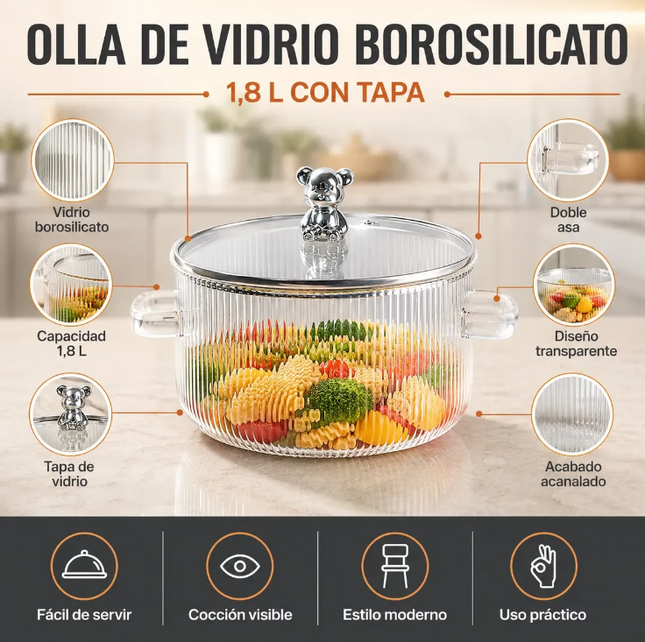 Olla De Vidrio Borosilicato 1.8 Litros Con Tapa