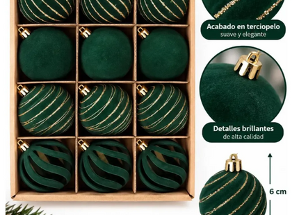 Set 12 Esferas de Terciopelo Navideñas 6cm Adorno Árbol