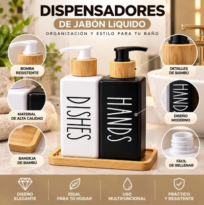 Set 2 Dispensadores Jabón Y Lavalozas Con Bandeja Bambú