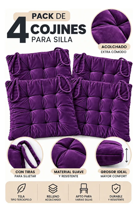 Set 4 Cojín Acolchado Cuadrado Silla Con Amarras 40 Cm