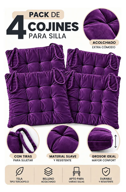 Set 4 Cojín Acolchado Cuadrado Silla Con Amarras 40 Cm