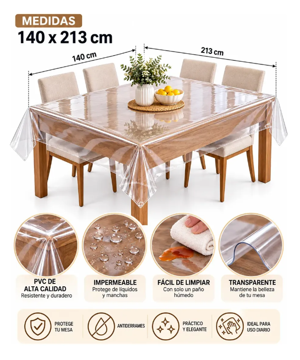 Mantel Mesa De Hule Transparente Impermeable 140x213 Cm