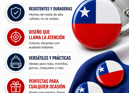 Pack X30 Chapitas Pin Bandera De Chile Prendedor Broche