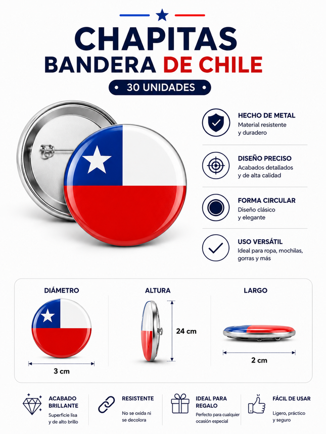 Pack X30 Chapitas Pin Bandera De Chile Prendedor Broche