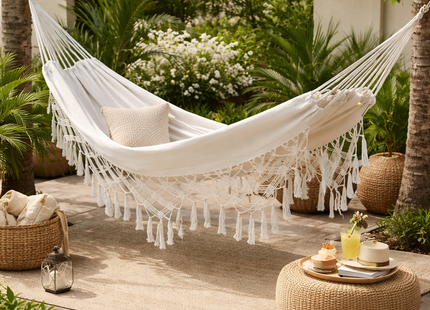 Hamaca Con Borlas 150x200 Blanca Relax Exterior