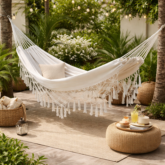 Hamaca Con Borlas 150x200 Blanca Relax Exterior