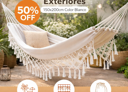 Hamaca Con Borlas 150x200 Blanca Relax Exterior