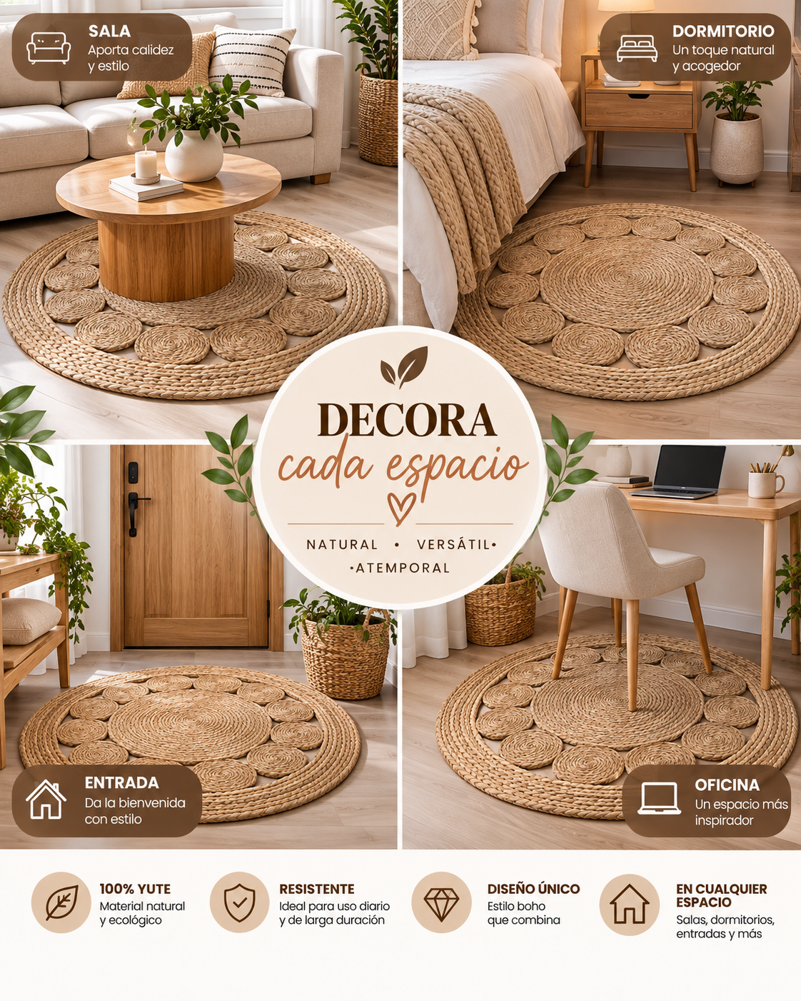 Alfombra Yute 100 Cm Fibra Natural Decorativa