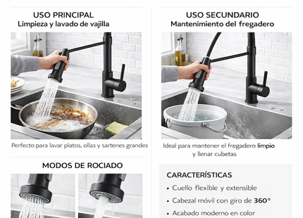 Grifo Cocina Extensible Flexible Lava Fácil y Rápido