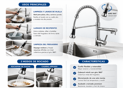 Grifo Cocina Extensible Flexible Lava Fácil y Rápido