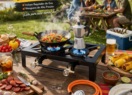 Estufa de Camping a Gas Portátil Doble Quemador + Regulador + Manguera