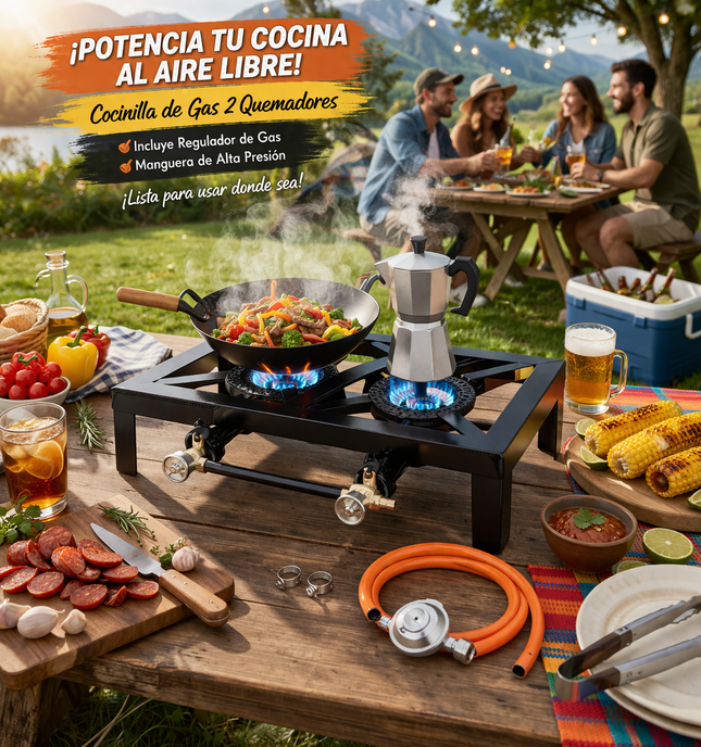 Estufa de Camping a Gas Portátil Doble Quemador + Regulador + Manguera