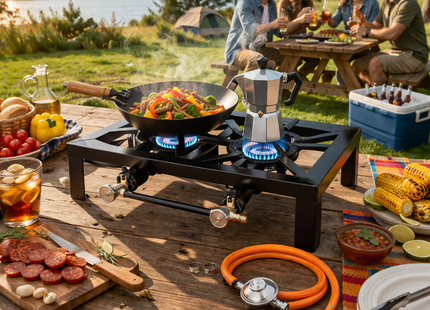 Estufa de Camping a Gas Portátil Doble Quemador + Regulador + Manguera