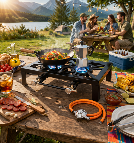 Estufa de Camping a Gas Portátil Doble Quemador + Regulador + Manguera