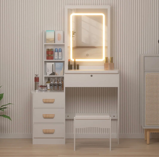 Tocador Espejo Integrado Con Luz Led Y Taburete