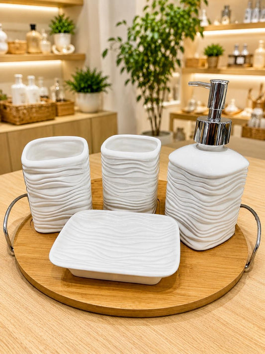 Juego De Accesorios De Baño 5 Piezas De Cerámica Y Madera